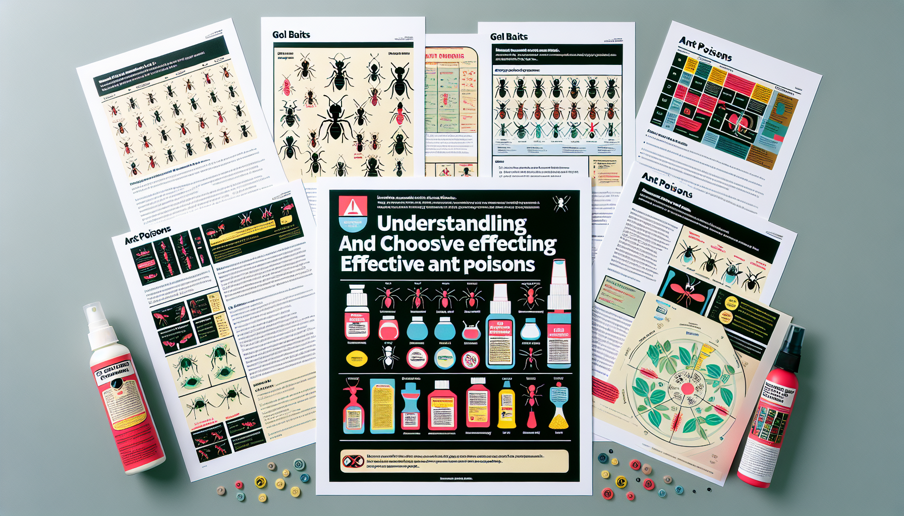 A detailed guide titled 'Understanding and Choosing Effective Ant Poisons'. The guide includes several pages strewn about, with the title page at the front showing an array of ant species displayed in